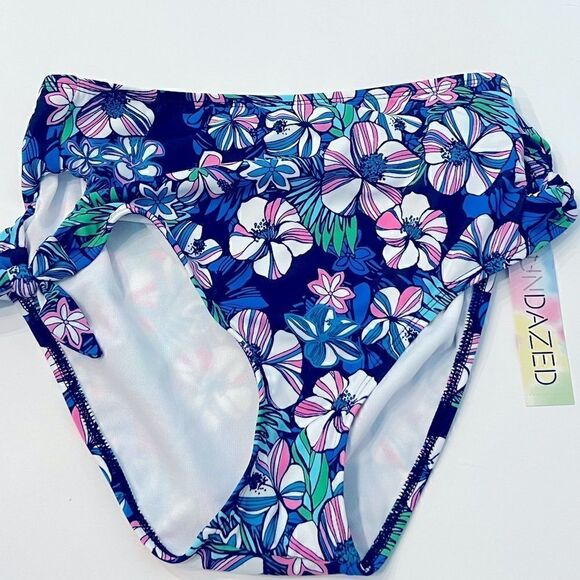 SUNDAZED Tatum Floral-Print Tie Side High-Waist Bottoms, swimsuit L New Blue - Picture 8 of 9
